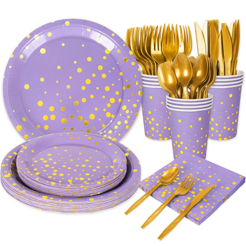 Whaline 175Pcs Lavender Party Supplies Foil Gold Dots Paper Tableware Plate Napkin Cup Purple Disposable Dinnerware Set for Graduation Congrats Grad Wedding Birthday Party Table Decor Serve 25 Guests